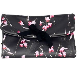 Love & Lore Black Faux Leather & Pink Floral Pattern Jewelry Travel Clutch